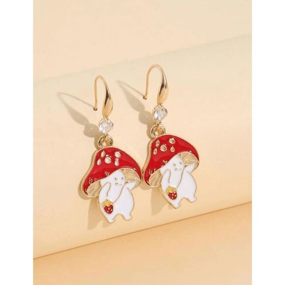 Happy Mushroom Gold Plated Enamel Dangle Earrings - Picture 2 of 5